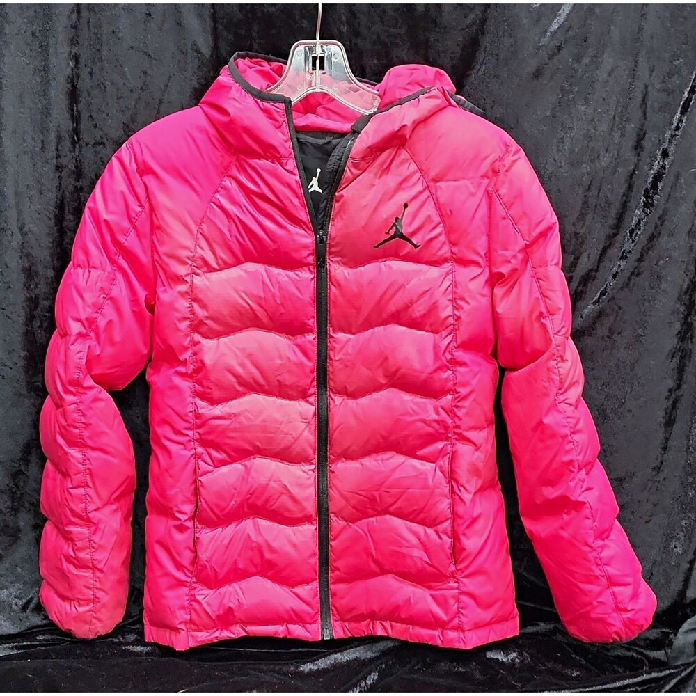 Jordan Girls Hooded Puffer Jacket Full Zip Pink/Black Logo Accent Sz L